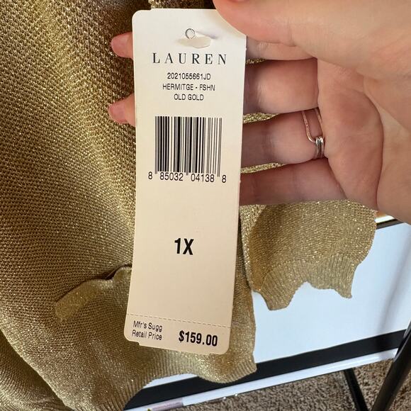 Lauren Ralph Lauren Gold Metallic Cardigan Sweater Silk Blend Holiday 1X NWT - Picture 8 of 9